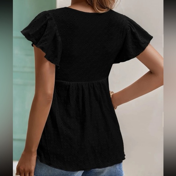 Elegant Peplum Tie Flutter Sleeve Eyelet Embroidered Top Blouse Shirt - Picture 2 of 13